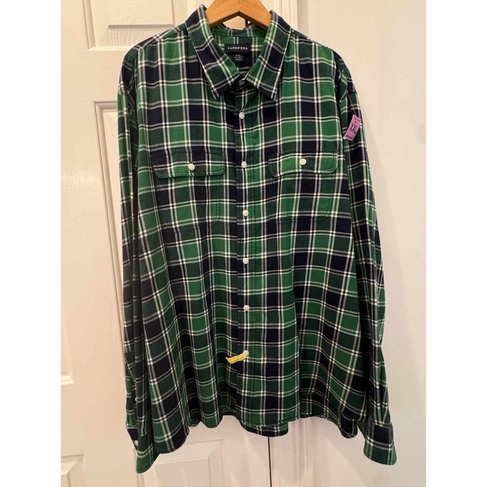 Lands End Mens XXL Flannel Shirt Green Navy Blue Plaid Long Sleeve Button Down
